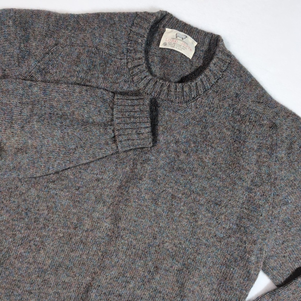 Lord Jeff Sweater Mens L Grey Marled 100% Shetland Wool Crewneck Made in USA